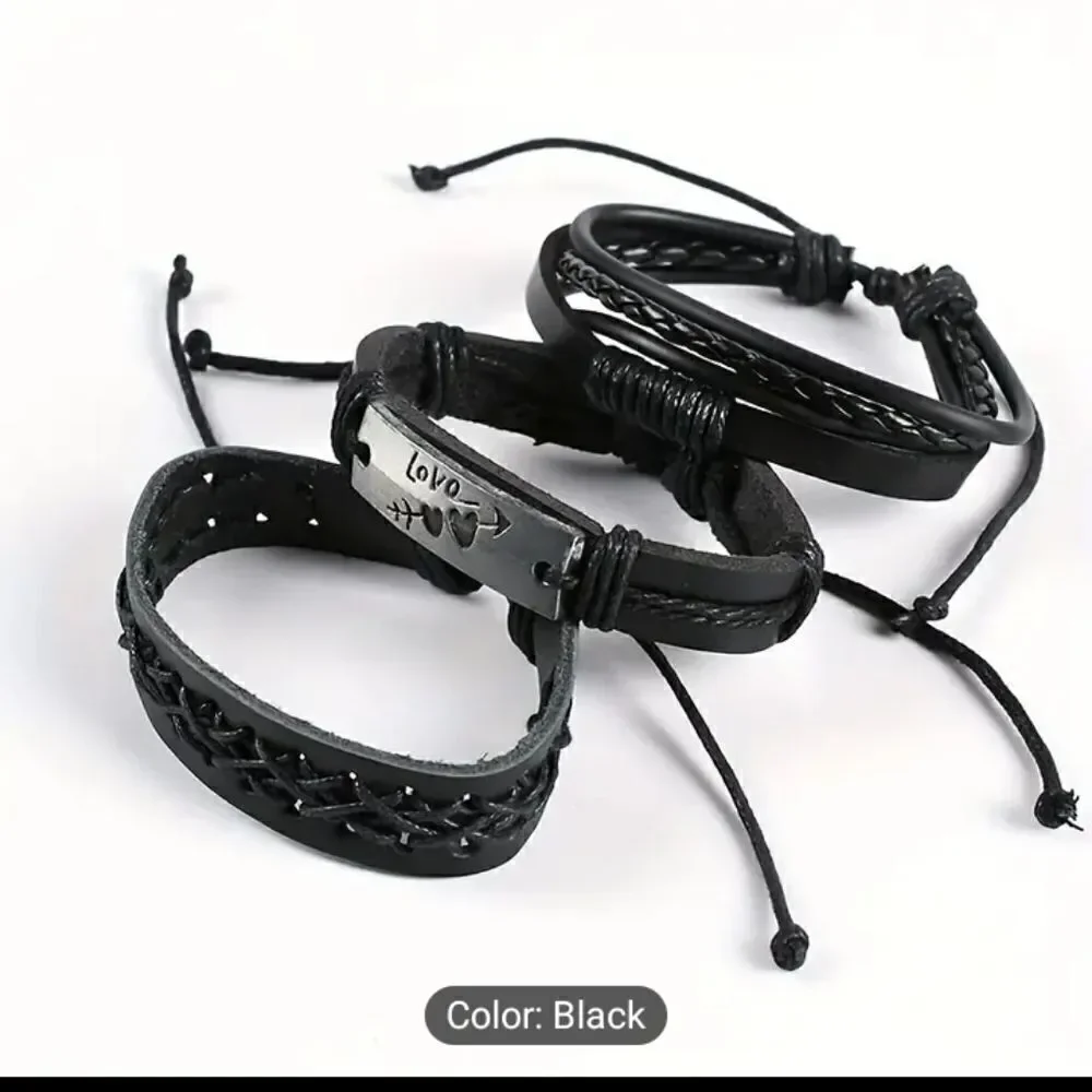 Men's‎ leather bracelets set layered braided black new d13